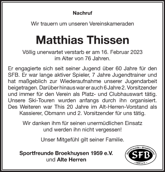 Traueranzeige von Matthias Thissen 