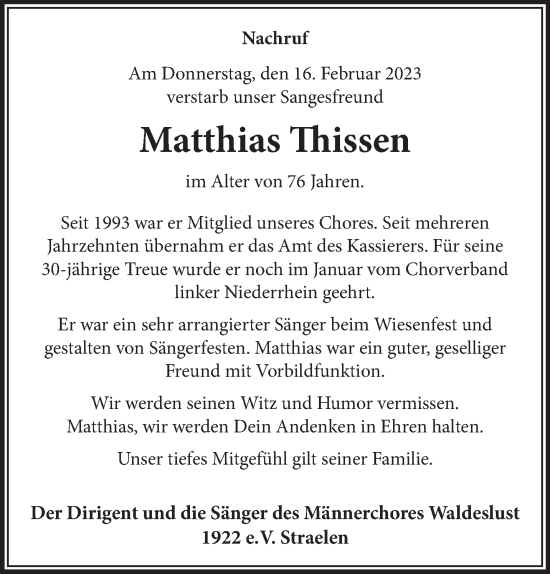Traueranzeige von Matthias Thissen 