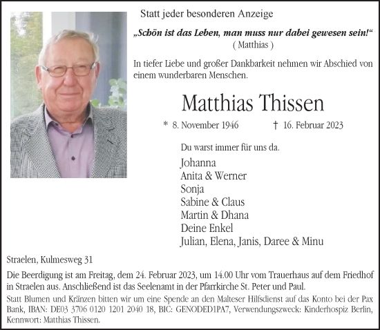 Traueranzeige von Matthias Thissen 