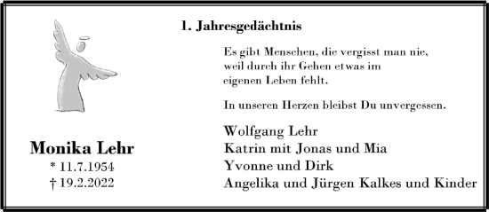 Traueranzeige von Monika Lehr 