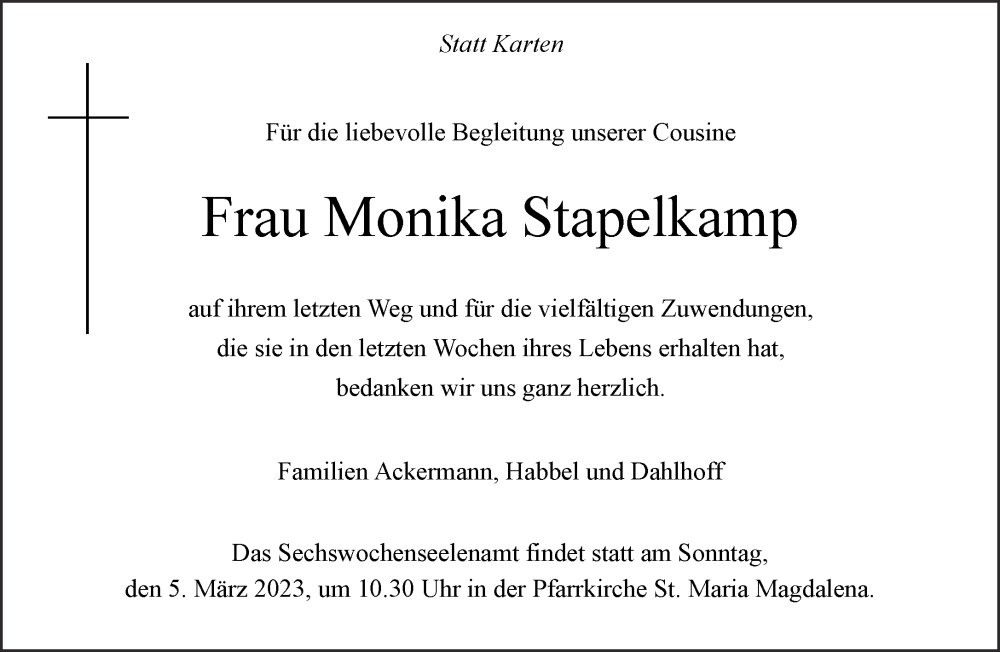  Traueranzeige für Monika Stapelkamp vom 25.02.2023 aus 