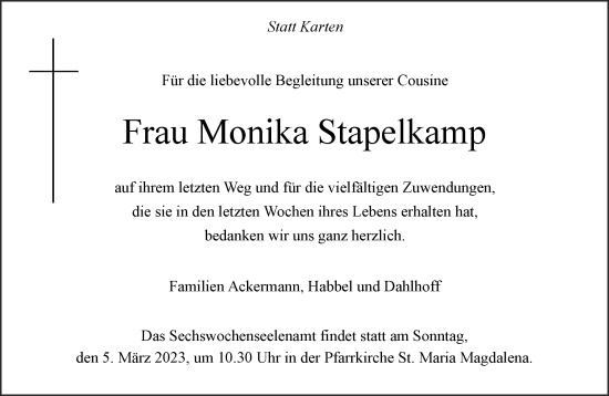 Traueranzeige von Monika Stapelkamp 