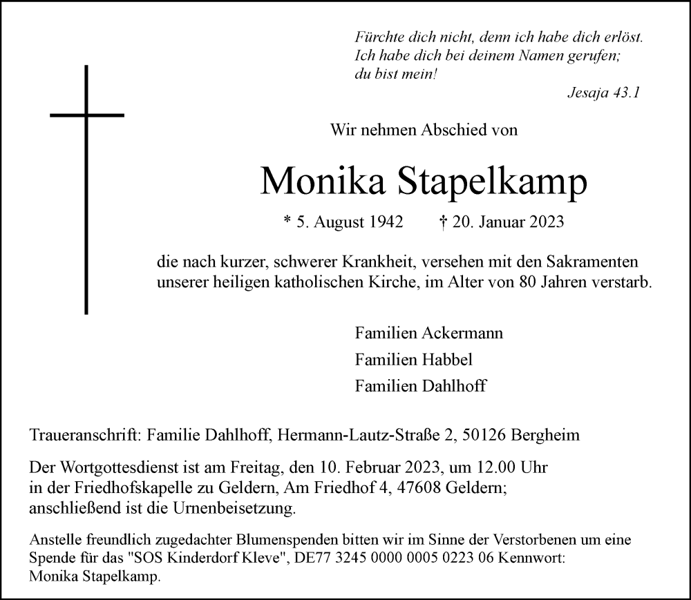  Traueranzeige für Monika Stapelkamp vom 04.02.2023 aus 