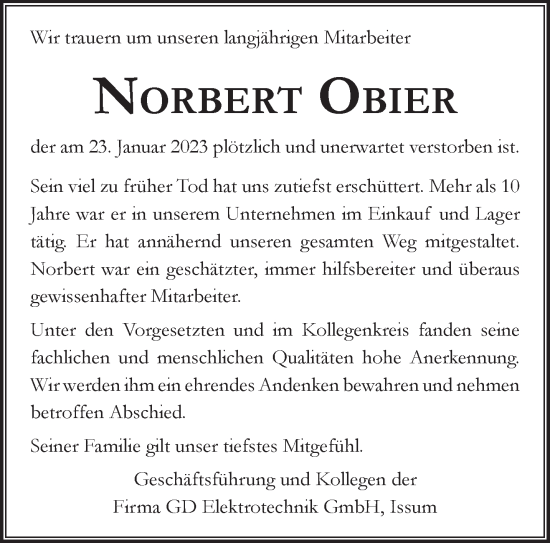 Traueranzeige von Norbert Obier 