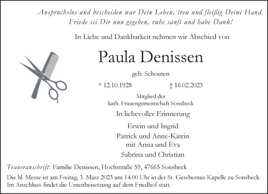 Traueranzeige von Paula Denissen 