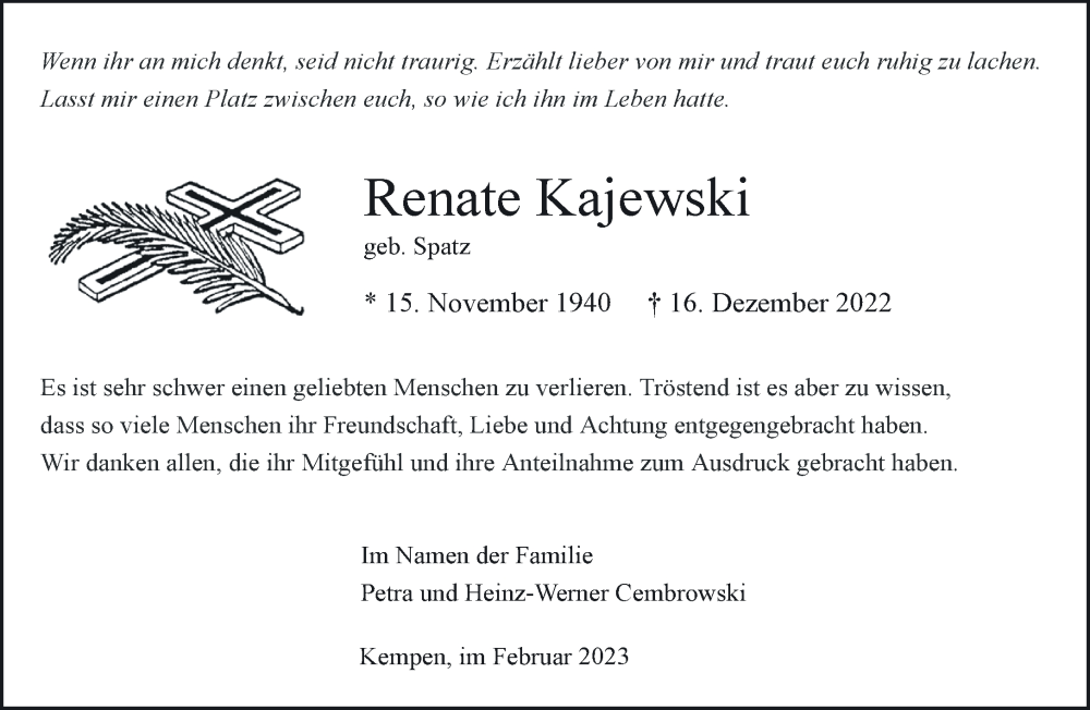  Traueranzeige für Renate Kajewski vom 04.02.2023 aus 