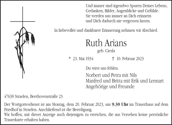 Traueranzeige von Ruth Arians 