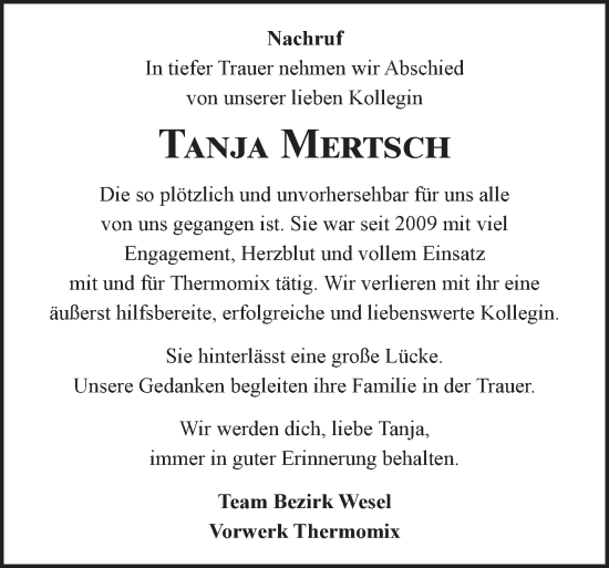 Traueranzeige von Tanja Mertsch 