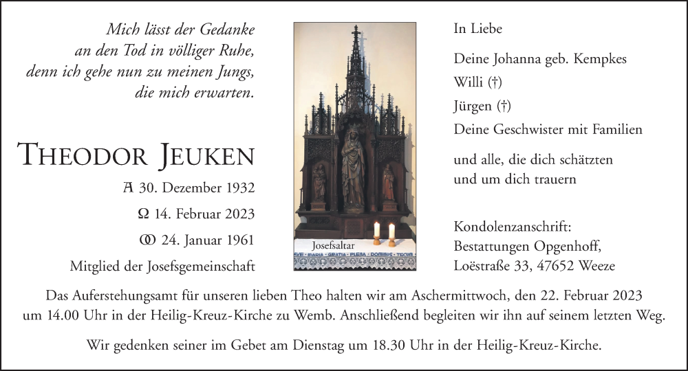  Traueranzeige für Theodor Jeuken vom 18.02.2023 aus 