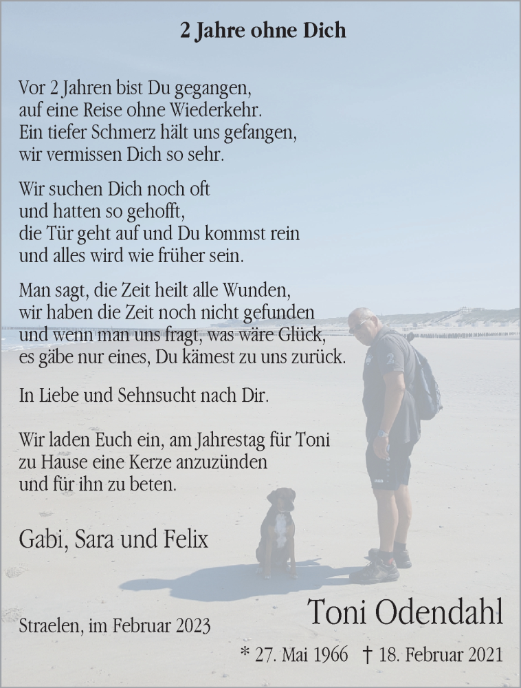  Traueranzeige für Toni Odendahl vom 15.02.2023 aus 