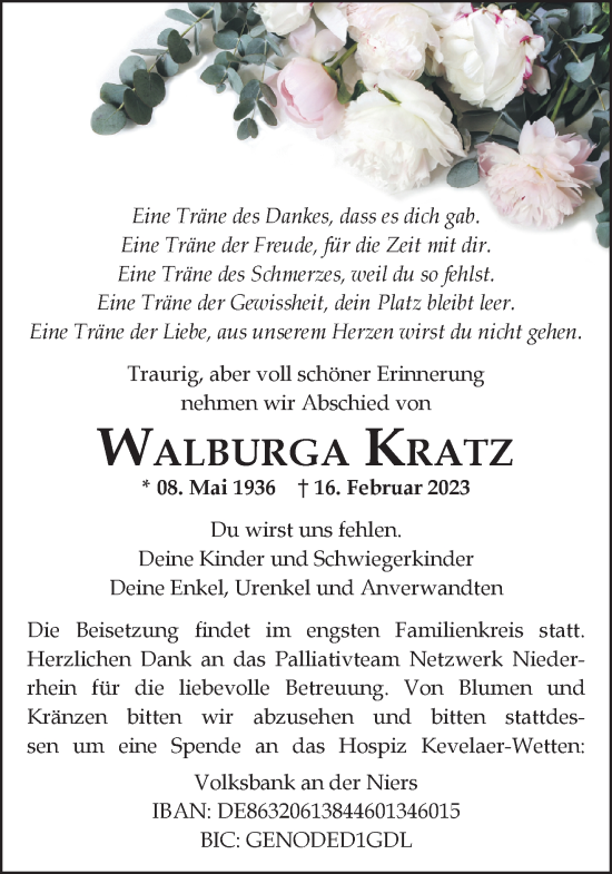 Traueranzeige von Walburga Kratz 