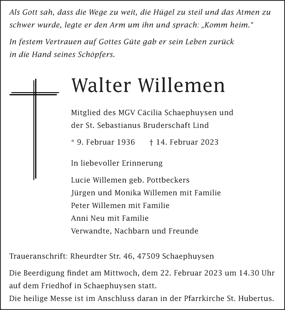  Traueranzeige für Walter Willemen vom 18.02.2023 aus 