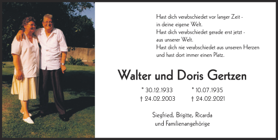 Traueranzeige von Walter und Doris Gertzen 