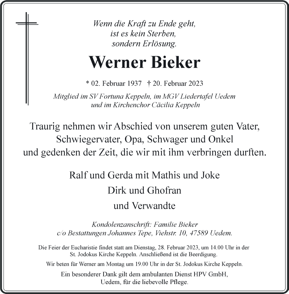  Traueranzeige für Werner Bieker vom 25.02.2023 aus 