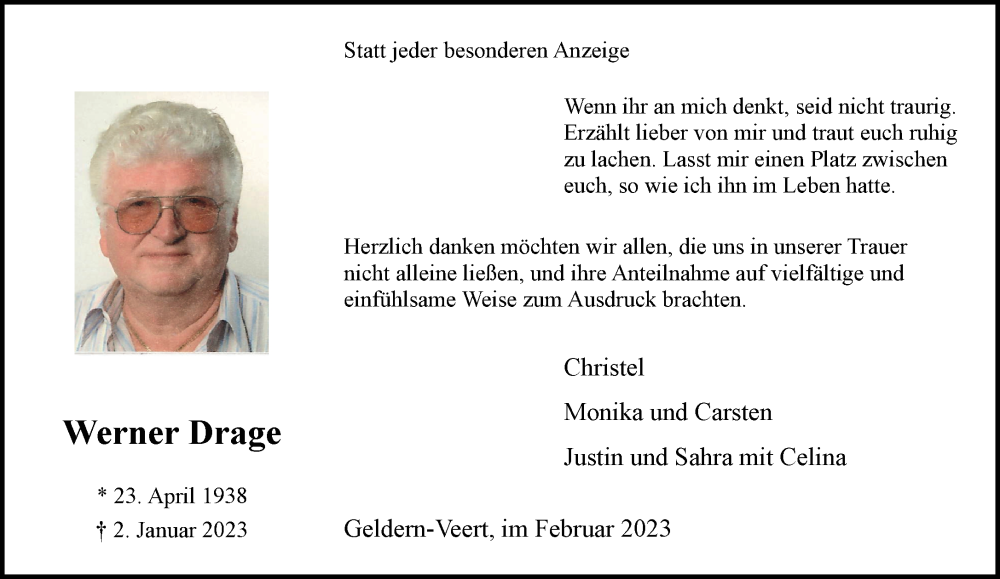  Traueranzeige für Werner Drage vom 18.02.2023 aus 