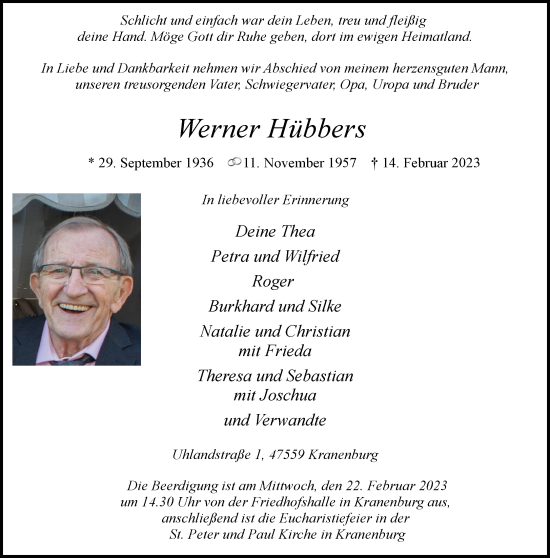 Traueranzeige von Werner Hübbers 