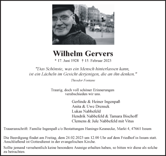 Traueranzeige von Wilhelm Gervers 