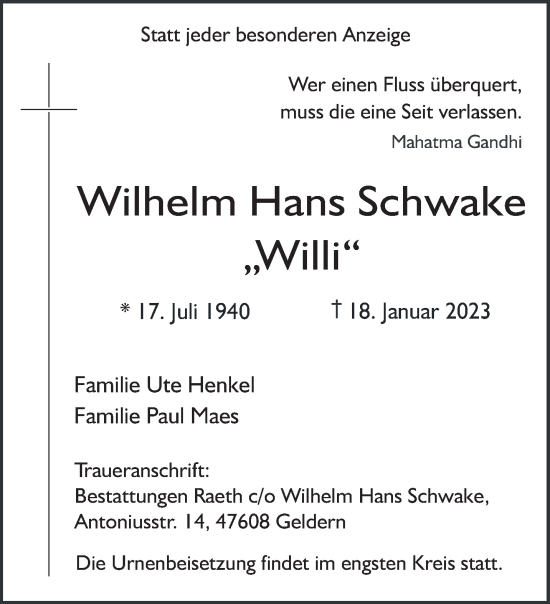 Traueranzeige von Wilhelm Hans Schwake 