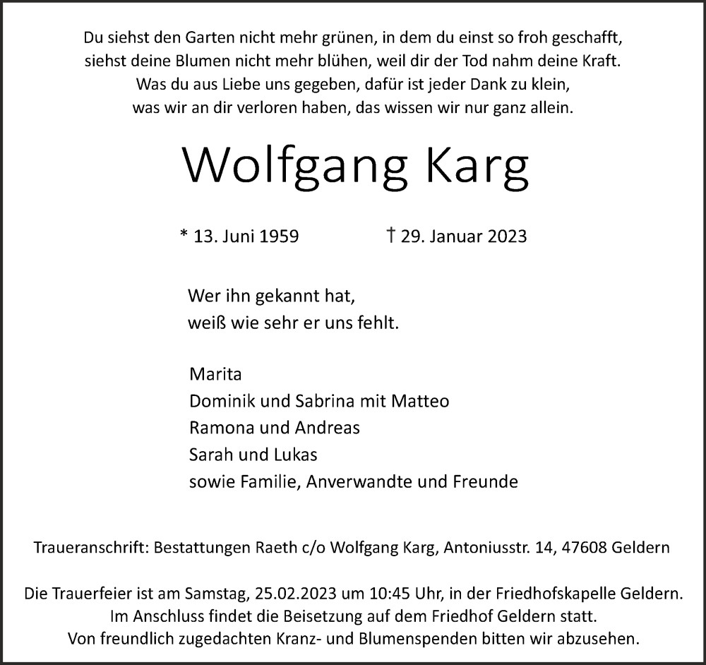  Traueranzeige für Wolfgang Karg vom 18.02.2023 aus 