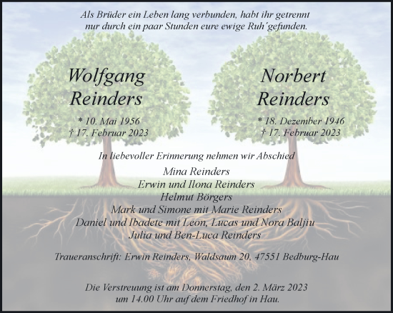 Traueranzeige von Wolfgang und Norbert Reinders 