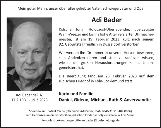 Traueranzeige von Adi Bader 
