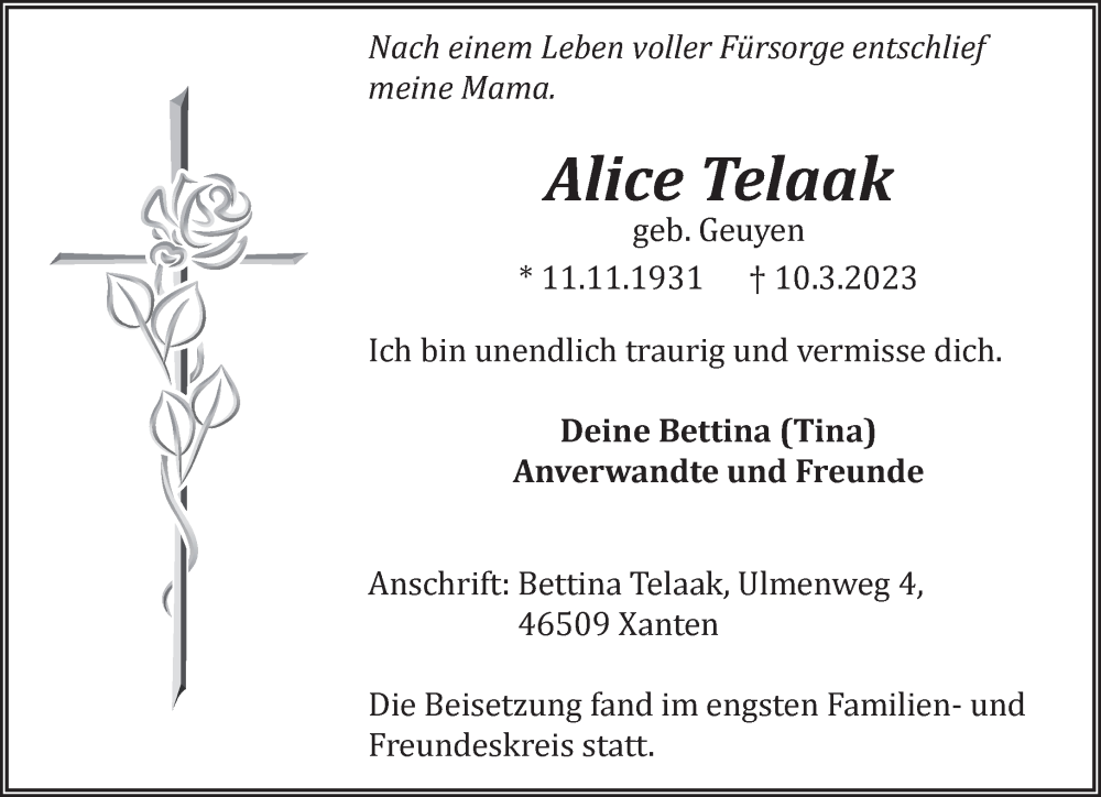  Traueranzeige für Alice Telaak vom 18.03.2023 aus 