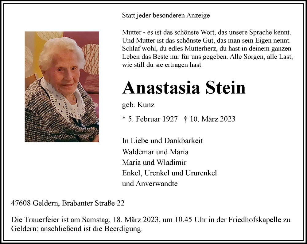  Traueranzeige für Anastasia Stein vom 15.03.2023 aus 