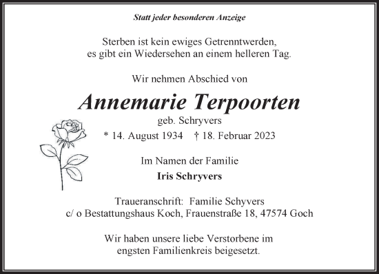 Traueranzeige von Annemarie Terpoorten 