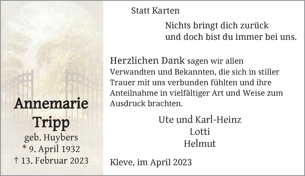  Traueranzeige für Annemarie Tripp vom 01.04.2023 aus 
