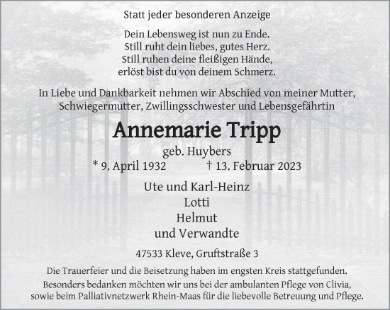 Traueranzeige von Annemarie Tripp 