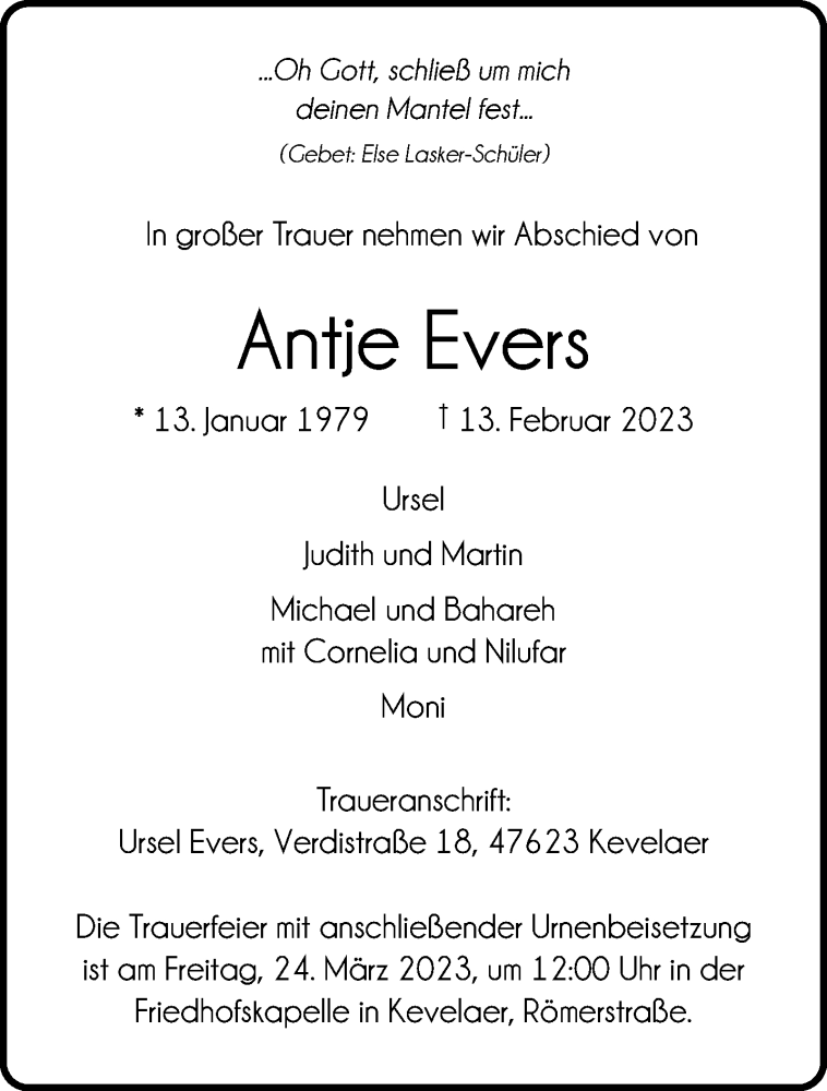  Traueranzeige für Antje Evers vom 15.03.2023 aus 