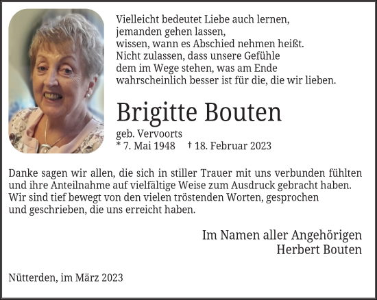 Traueranzeige von Brigitte Bouten 