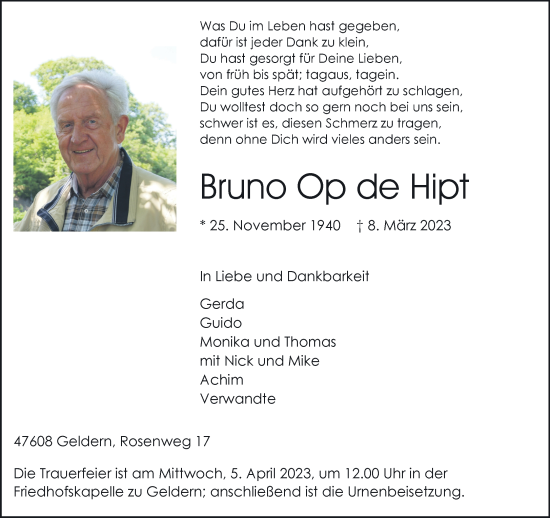 Traueranzeige von Bruno  Opde de Hipt 
