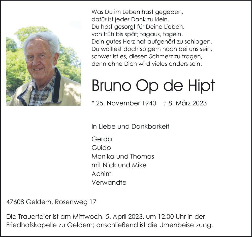  Traueranzeige für Bruno  Opde de Hipt vom 18.03.2023 aus 