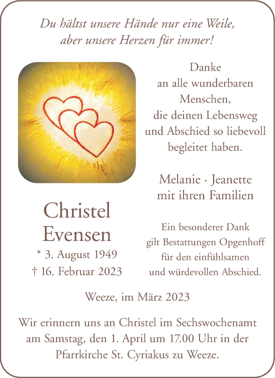 Traueranzeige von Christel Evensen 