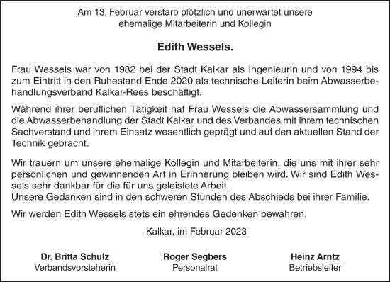 Traueranzeige von Edith Wessels 