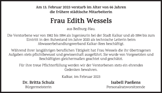 Traueranzeige von Edith Wessels 