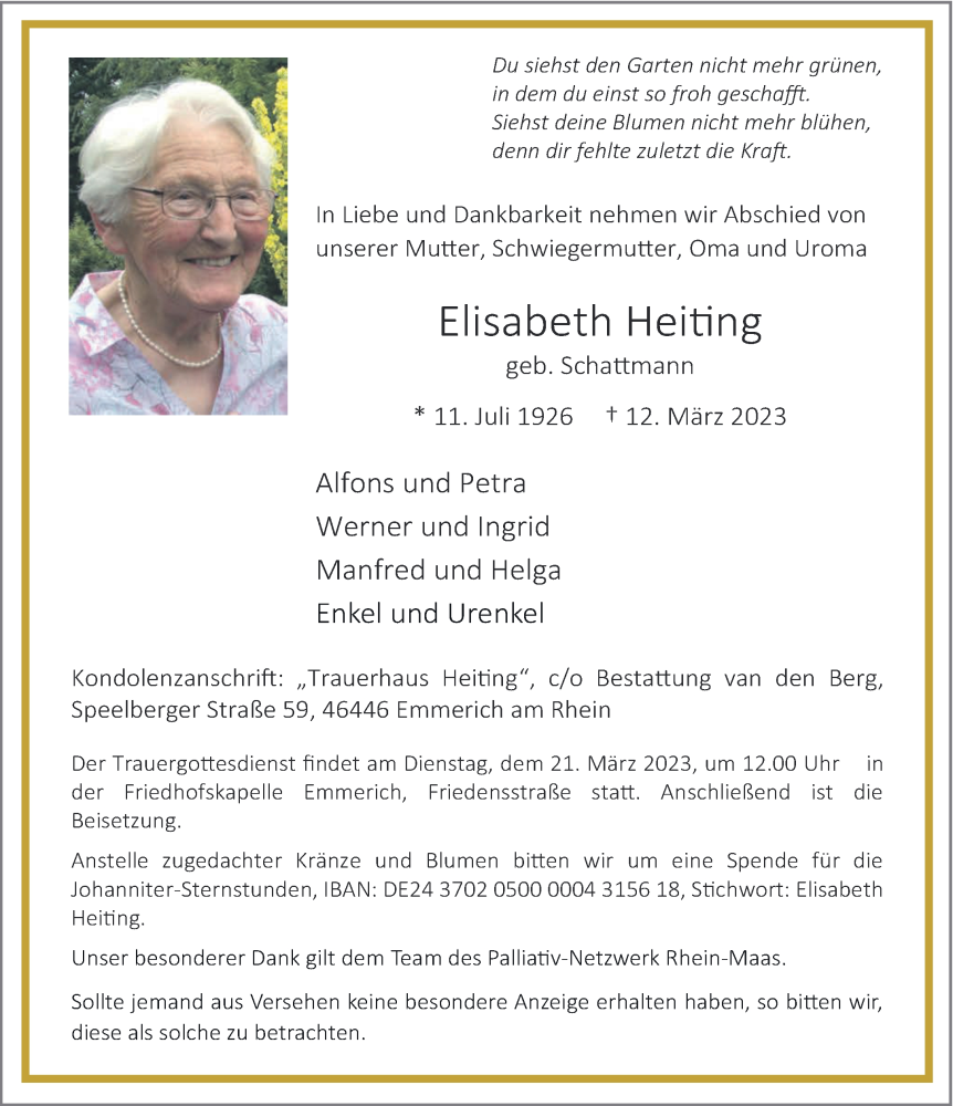  Traueranzeige für Elisabeth Heiting vom 18.03.2023 aus 