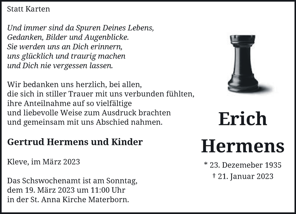  Traueranzeige für Erich Hermens vom 11.03.2023 aus 