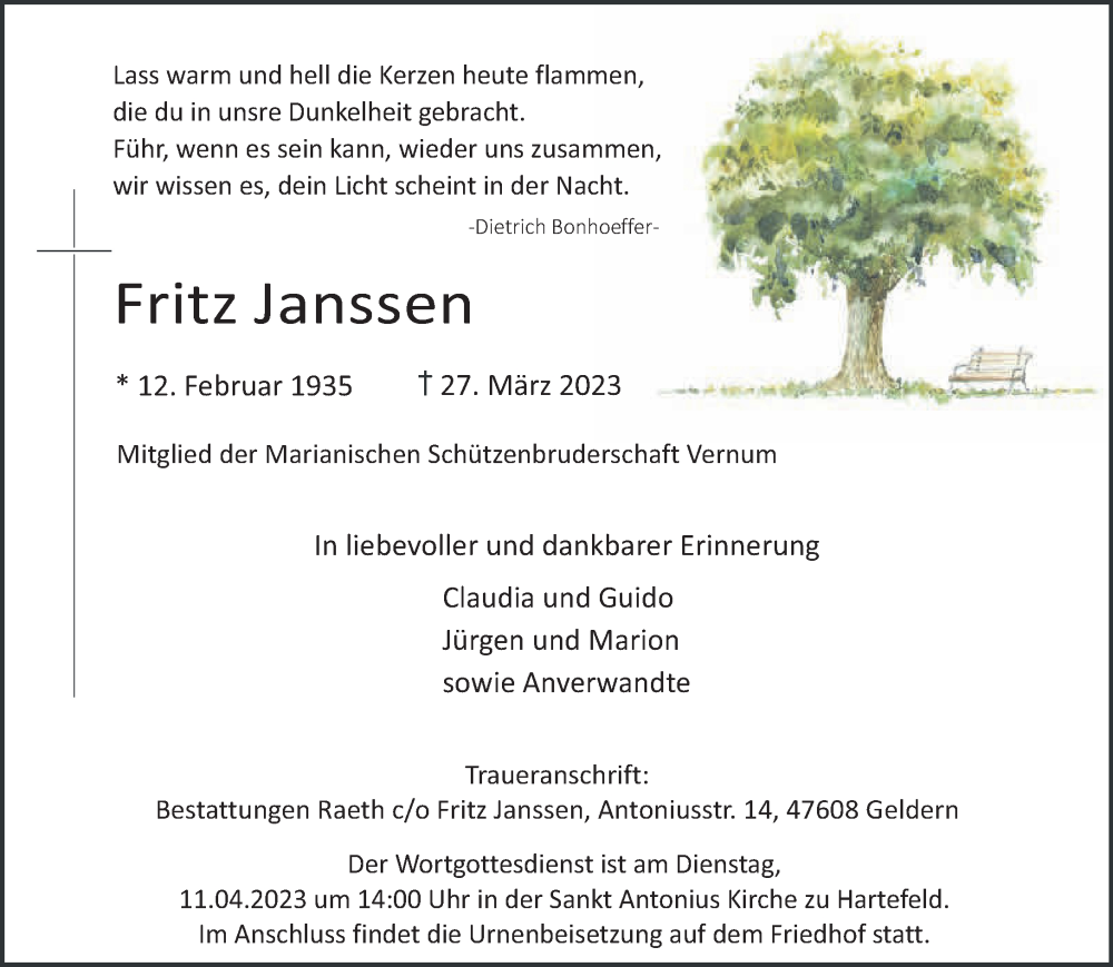  Traueranzeige für Fritz Janssen vom 01.04.2023 aus 