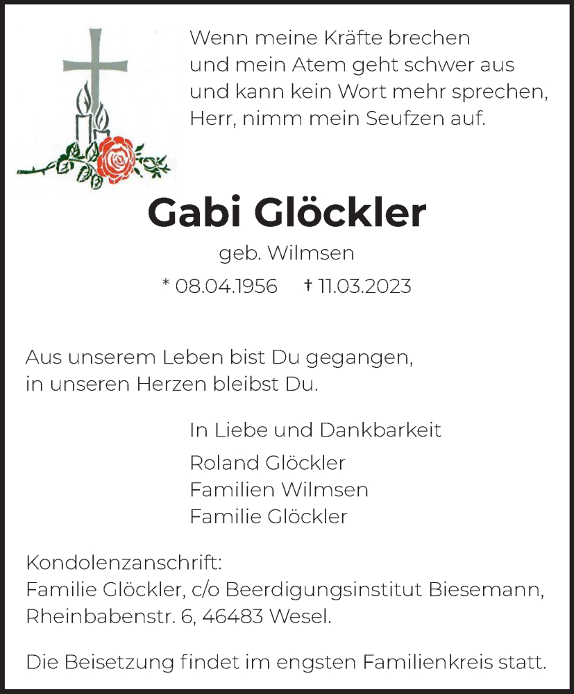  Traueranzeige für Gabi Glöckler vom 18.03.2023 aus 