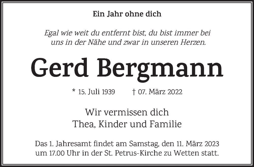  Traueranzeige für Gerd Bergmann vom 04.03.2023 aus 