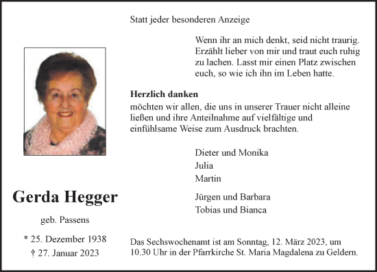 Traueranzeige von Gerda Hegger 