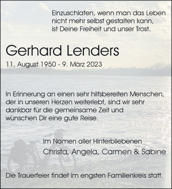 Traueranzeige von Gerhard Lenders 