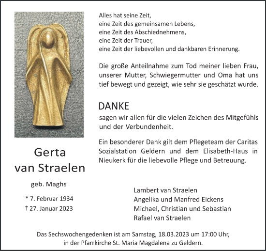 Traueranzeige von Gerta van Straelen 