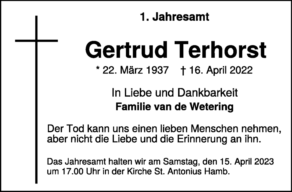  Traueranzeige für Gertrud Terhorst vom 01.04.2023 aus 