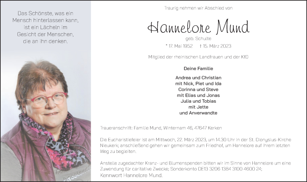  Traueranzeige für Hannelore Mund vom 18.03.2023 aus 