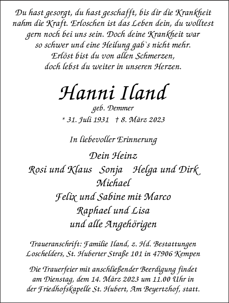  Traueranzeige für Hanni Iland vom 11.03.2023 aus 