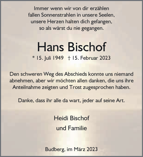 Traueranzeige von Hans Bischof 