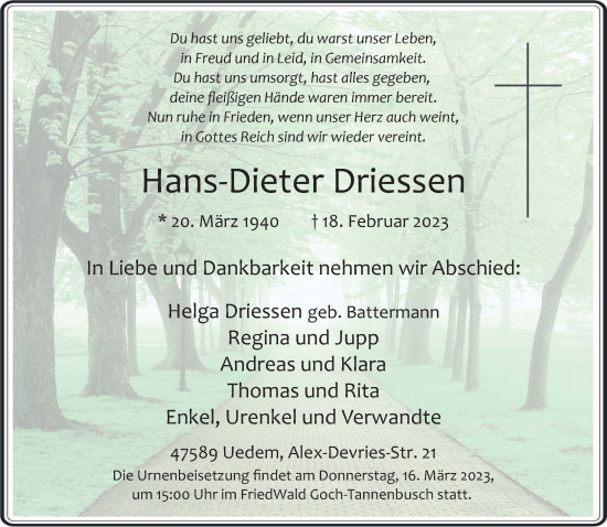 Traueranzeige von Hans-Dieter Driessen 